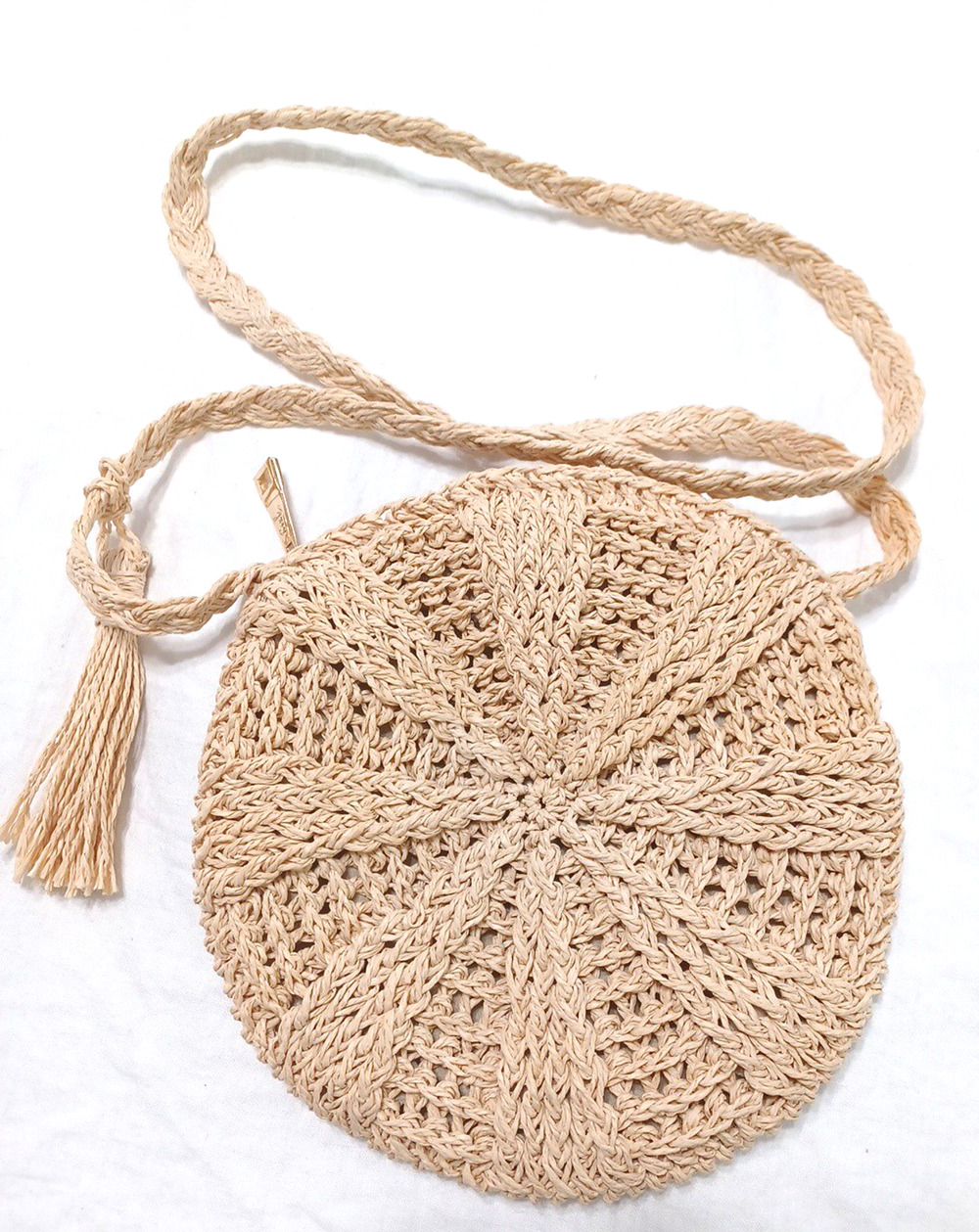 Ciel Round Beige Woven Rattan Look Paper Crossbody 9" Zip Bag Purse Boho